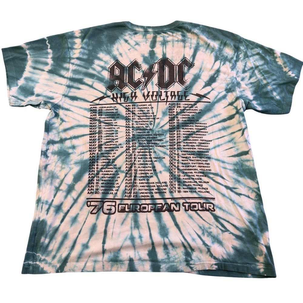 AC/DC High Voltage 76 European Tour Tie Dye Graphic T-Shirt Teal White Large